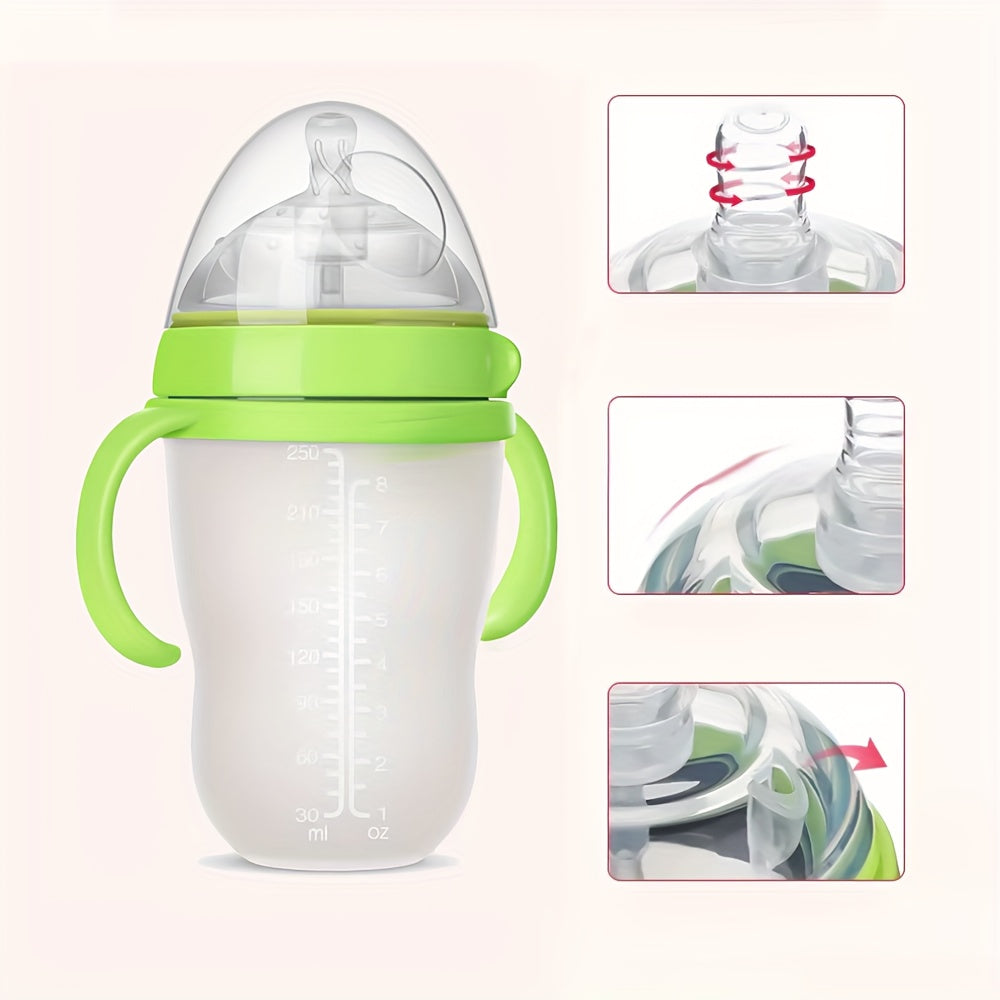 Novacciva BPA-Free Silicone Baby Bottles Set - 3 Pcs, Leak-proof Wide Bore Baby Feeding Bottle with Handles and Straw, 5.07oz & 8.45oz, Included 2 Extra Nipples